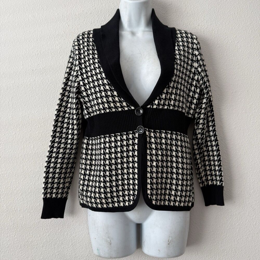 Dressbarn Petite PS Houndstooth Shawl Collar Cardigan Dark Academia Indie Sleek